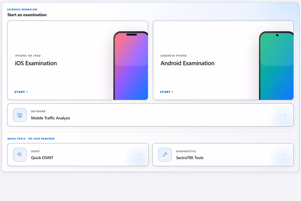 SectraTEK Full home screen: the iOS and Android examination cards, the Mobile Traffic Analysis card, and the quick tools.